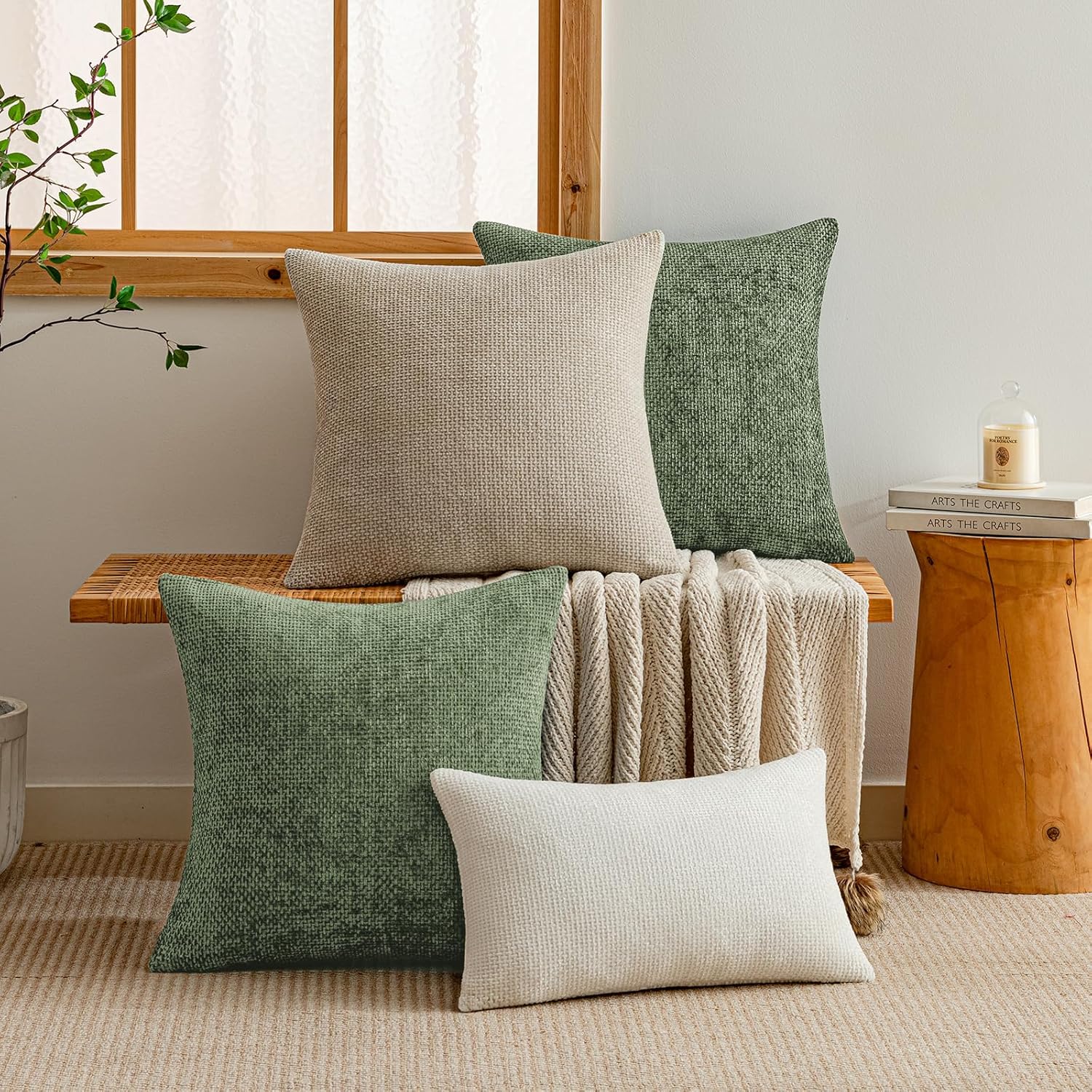 a moment Kissenbezug 40x40 Grün Chenille Dekokissen Frühling Kissenbezüge 2er Set Muster Deko Sofakissen Zierkissen Couchkissen Waschbar Flauschig Kissenhülle für Zuhause Wohnzimmer Schlafzimmer