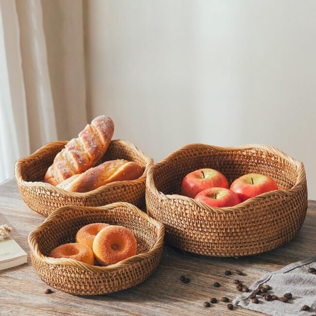 Rattan Aufbewahrungskorb Rund, Natürlicher Geflochten Obstkorb, Dekorativer Gewebter Korb für Küche, Wohnzimmer (Welle, 3 Stück)