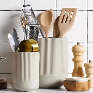 Küchenutensilienhalter Keramik Utensilienhalter Küche, Große Küchenhelfer-Halter für die Küchenplatte, Moderner Organizer für Pfannenwender, 2er-Set, Natur-Greige