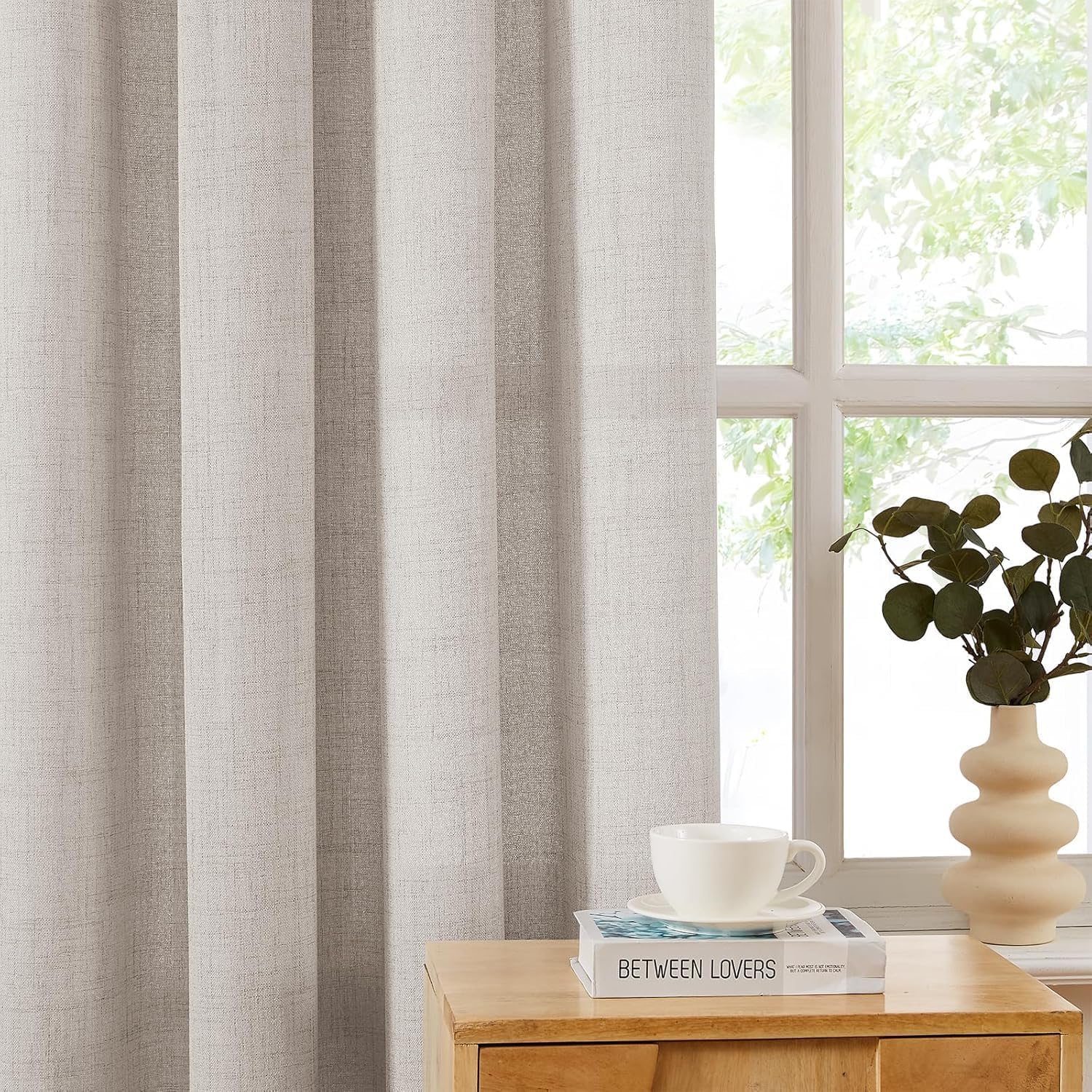 Gardinen mit Kräuselband - Beige Leinen Optik Halbfrei Vorhänge Gardinenschals 2er Set, 225x140cm, Vorhange Modern Fensterschal