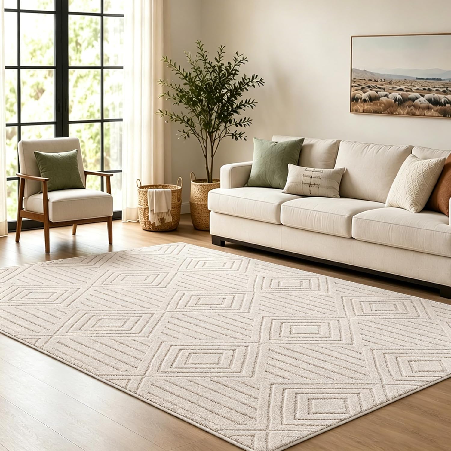 Beige Teppich Wohnzimmer 120x180cm, Waschbarer Kurzflor Teppich rutschfeste Moderner Bodenmatte Teppiche für Wohnzimmer Bereich Schlafzimmer Büro Esszimmer