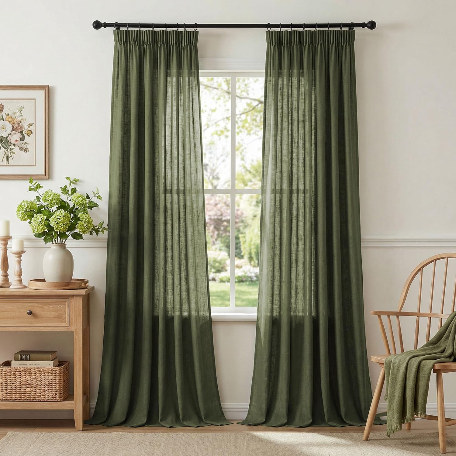 Olivgrün Gardinen Leinen Kräuselband-Vorhänge Dunkelgrün Vintage Schlafzimmer Wohnzimmer Modern für Schienensystem mit Haken Halbtransparent Lichtdurchlässig Gardine Boho Curtains 140x225 cm 2er set