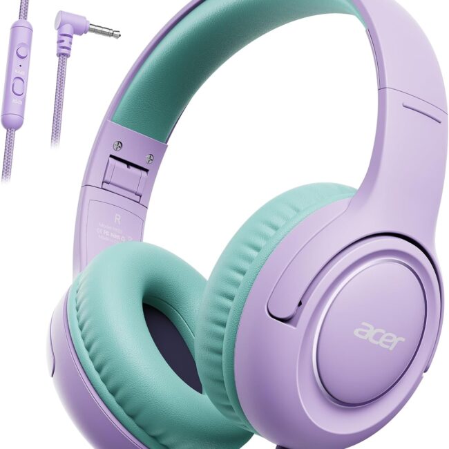 Acer Kopfhörer mit Kabel, Kopfhörer Kinder mit 85/94 dB Lautstärkebegrenzung, Over Ear Faltbare 3.5 mm Jack, für Schule, Reisen, Tablet(Lila Grün)