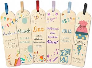 Personalisiertes Lesezeichen mit Namen & Motiv Auswahl - optimal als Einschulungsgeschenk | praktisches Geschenk für Schulkinder zur Einschulung - Buchzeichen aus Holz