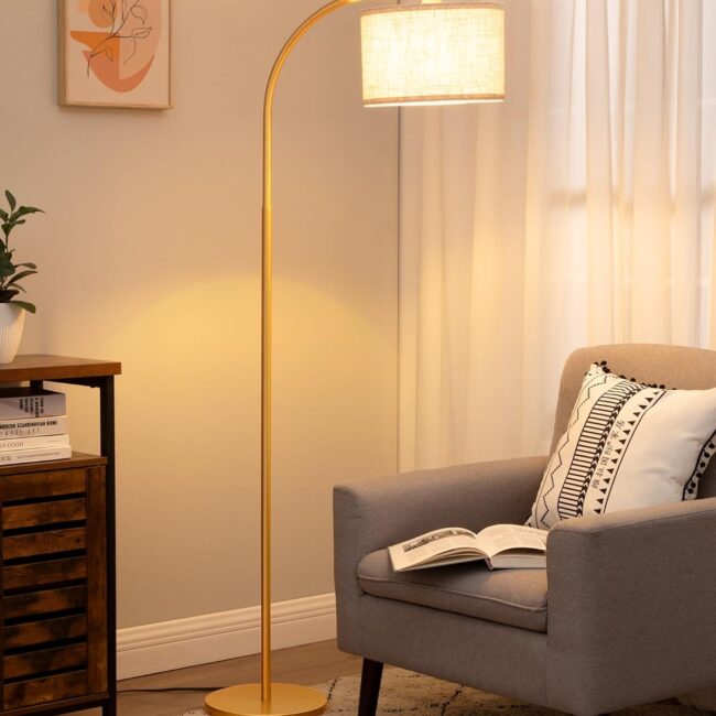 Stehlampe Wohnzimmer, Leinenschirm, Gold, inkl. LED, 161 CM | Moderne Bogenlampe mit verstellbarem Leinen-Lampenschirm & Fußschalter,